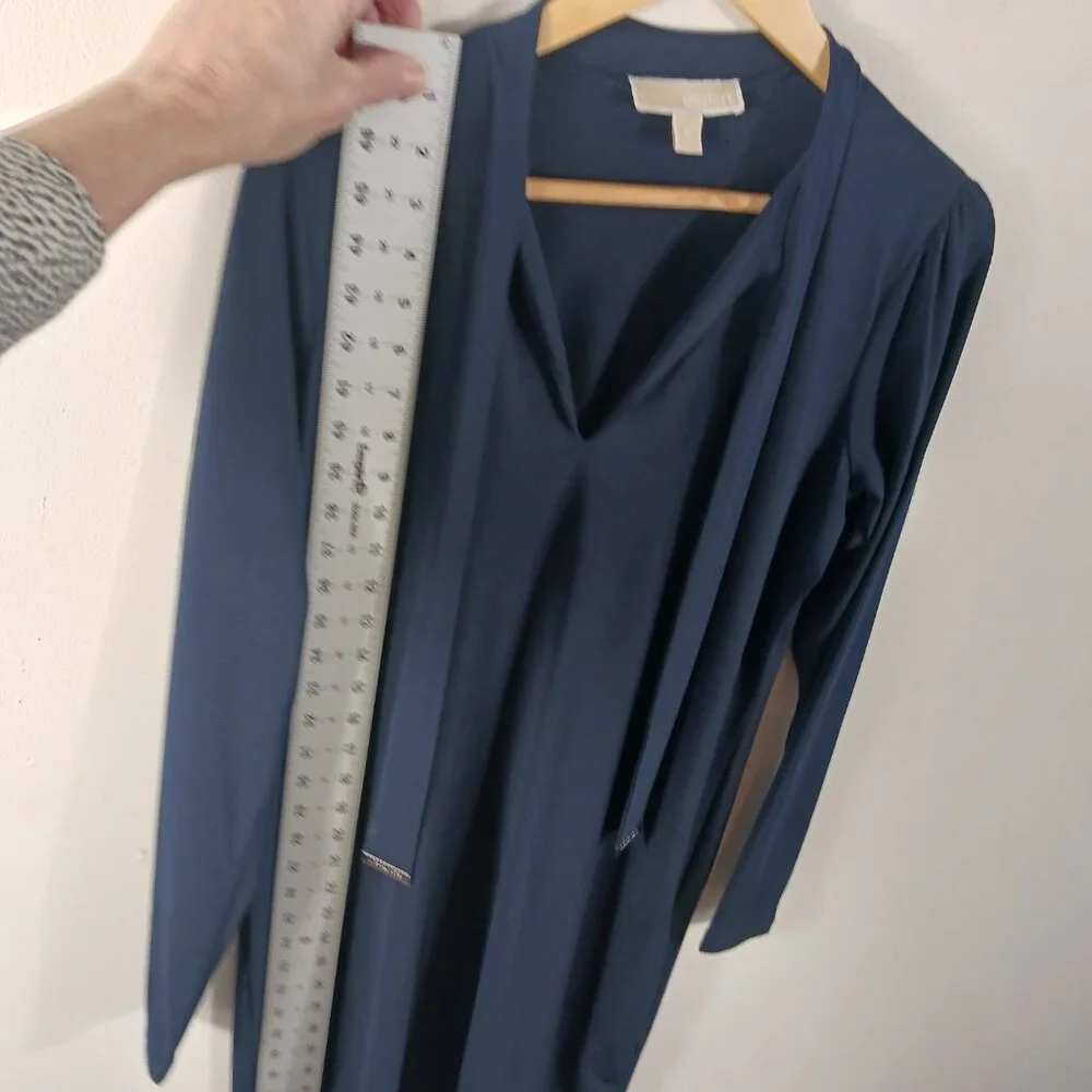 Michael Kors Lightweight Long Sleeve Navy Dress W/ Decorative Tie Neck, SZ Med. - Picture 6 of 16